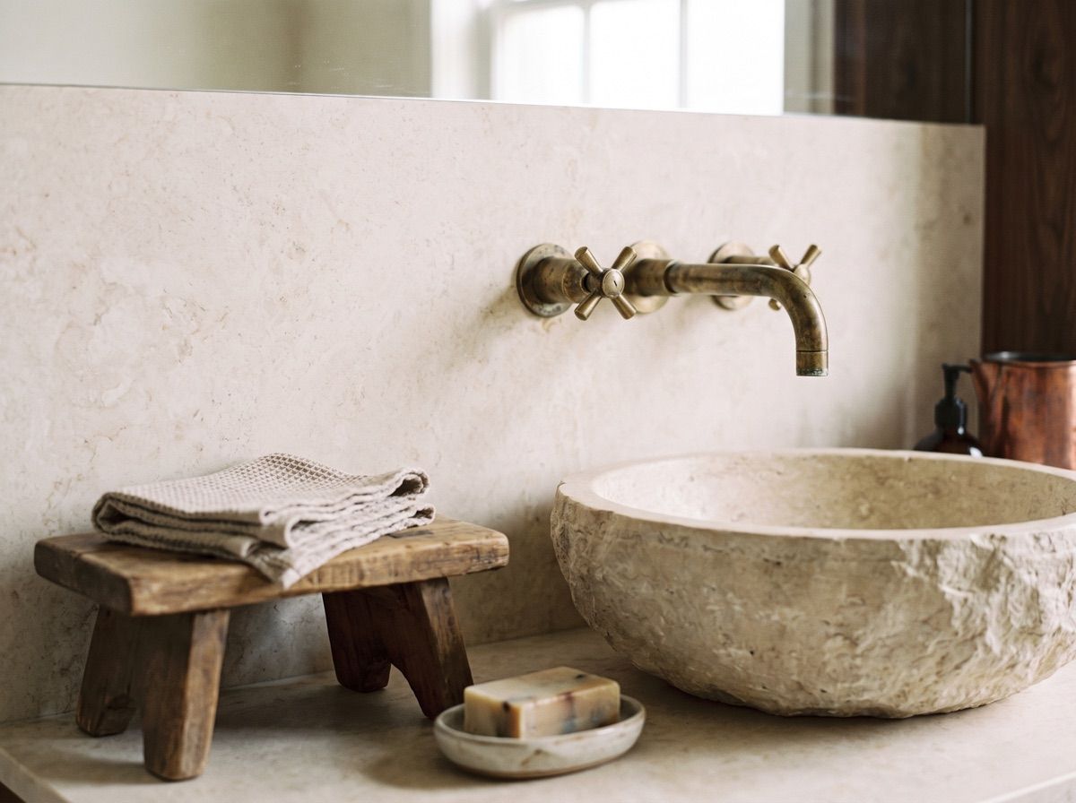 An unlacquered aged-brass faucet on a light honed-marble wall