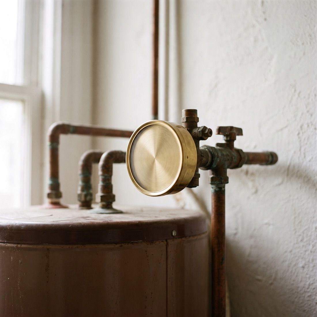 A brass pressure gauge and copper valves, close up in bright daylight