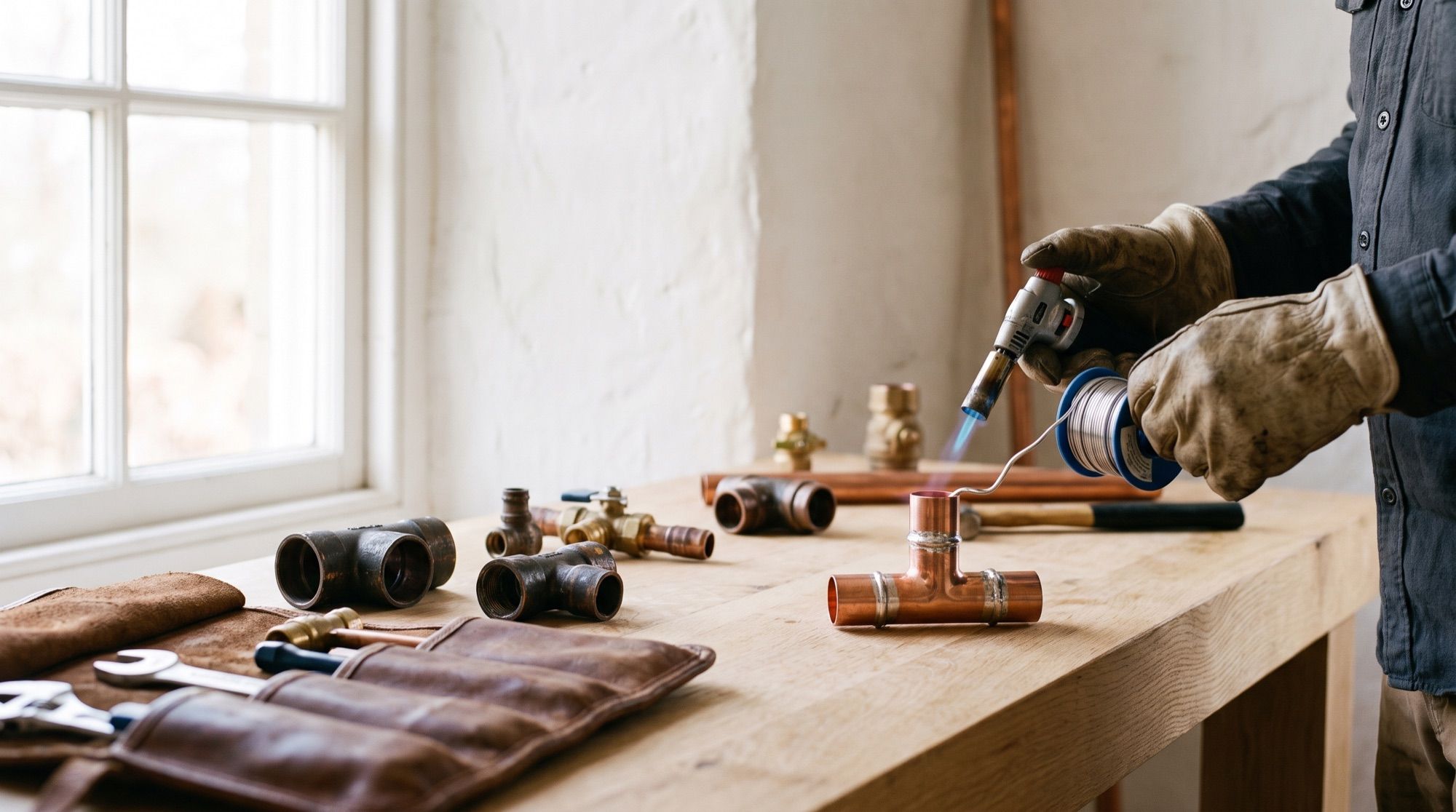 A master plumber's hands soldering a copper pipe joint on a workbench in bright daylight