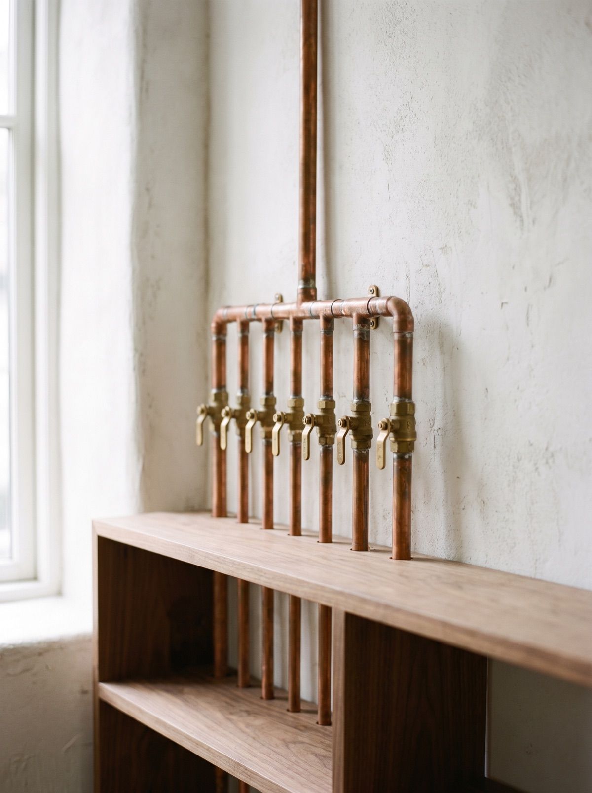 A precisely soldered copper pipe manifold with brass shutoff valves on a plaster wall