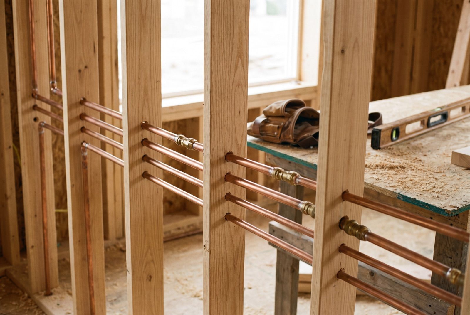 Neat parallel copper supply lines run through new-construction stud framing