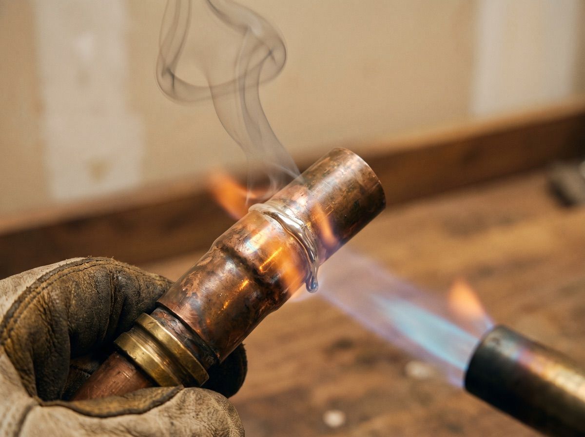 Solder flowing into a copper pipe joint under a torch