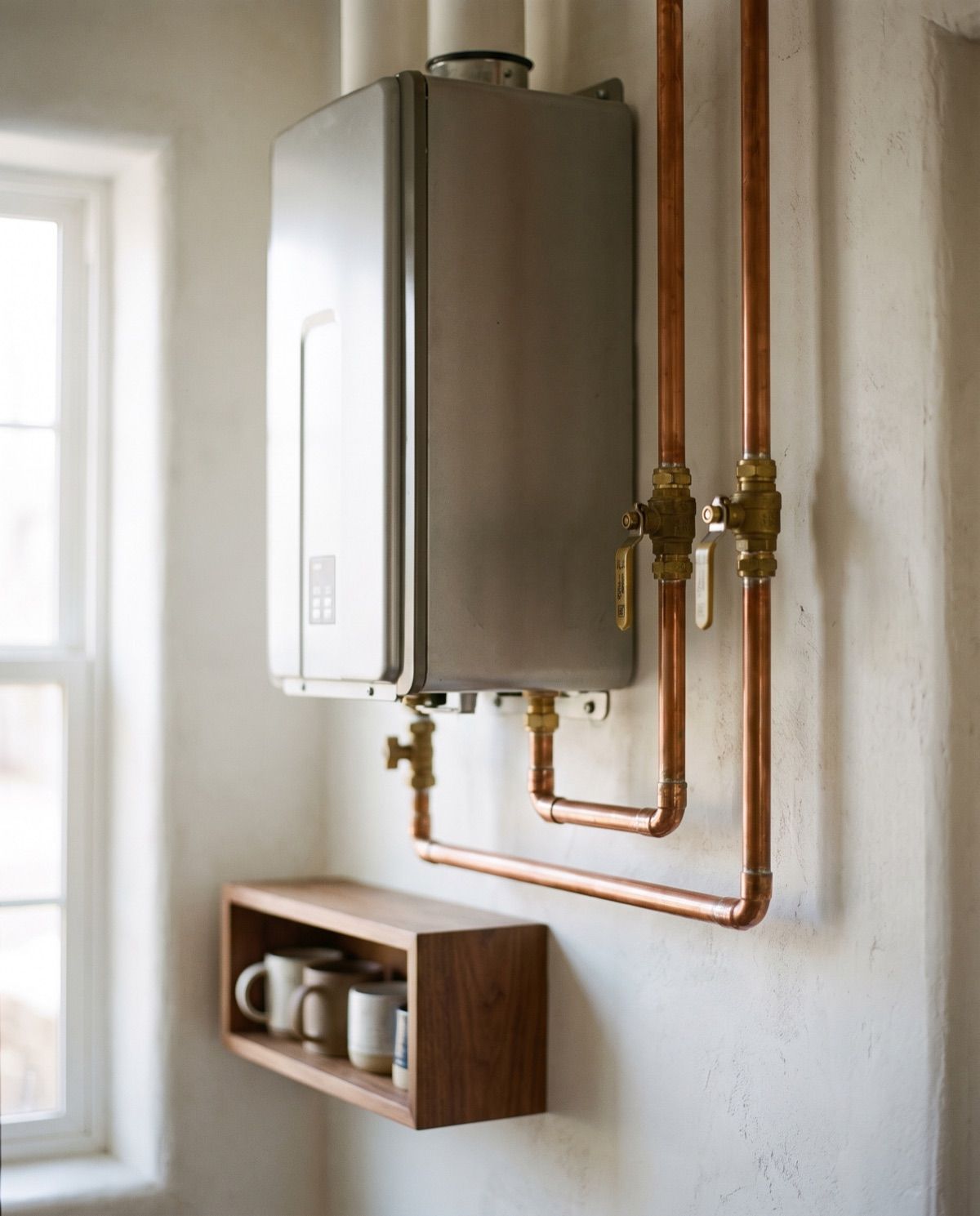A tankless water heater with exposed copper supply lines and brass isolation valves, cleanly installed